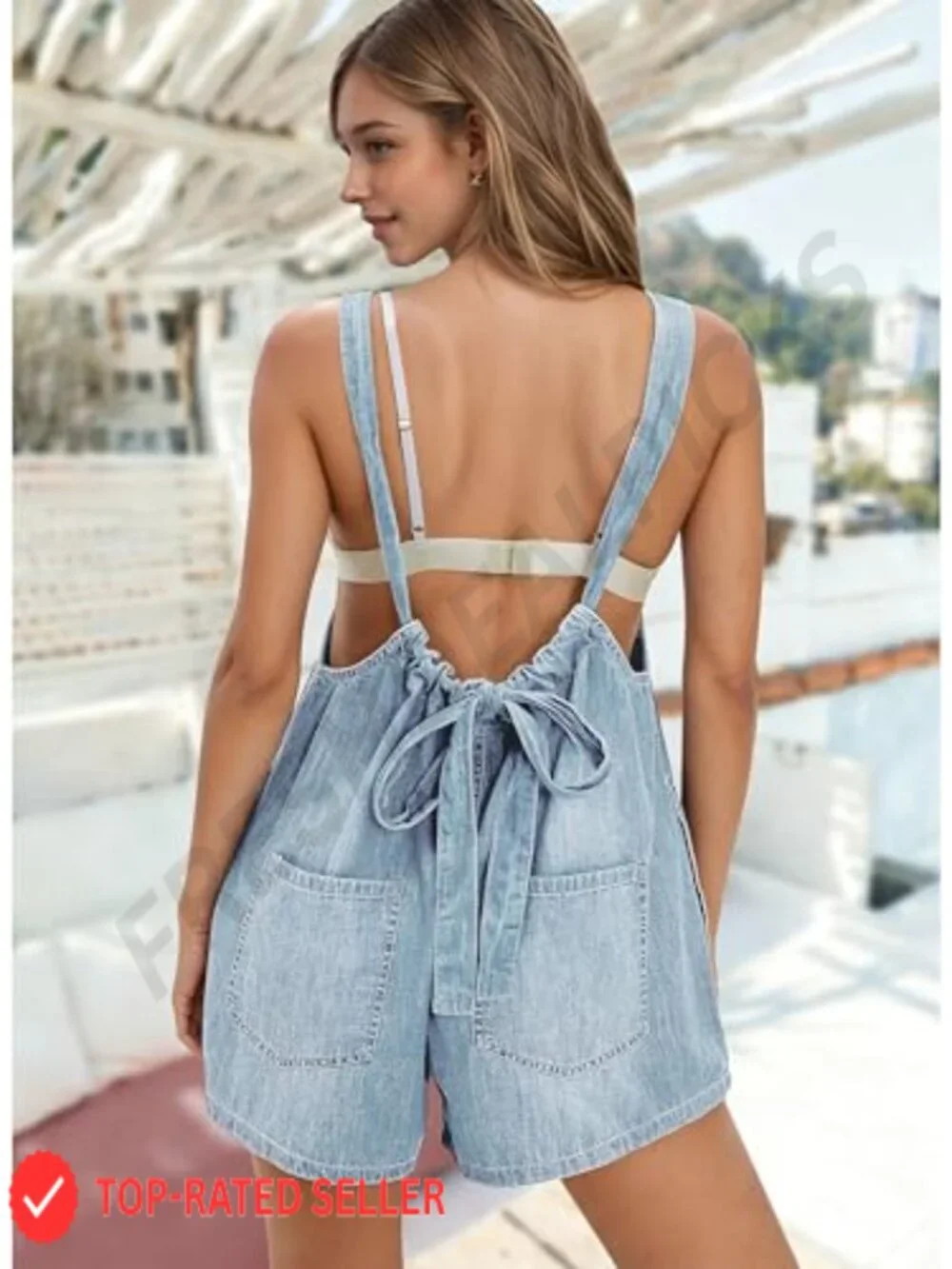 Women's Cotton Denim Overalls Shorts Romper Adjustable Tie Back Jumpsuit Pockets